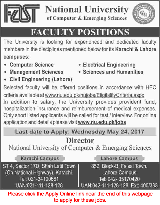FAST National University Karachi & Lahore Jobs May 2017 Apply Online Teaching Faculty Latest