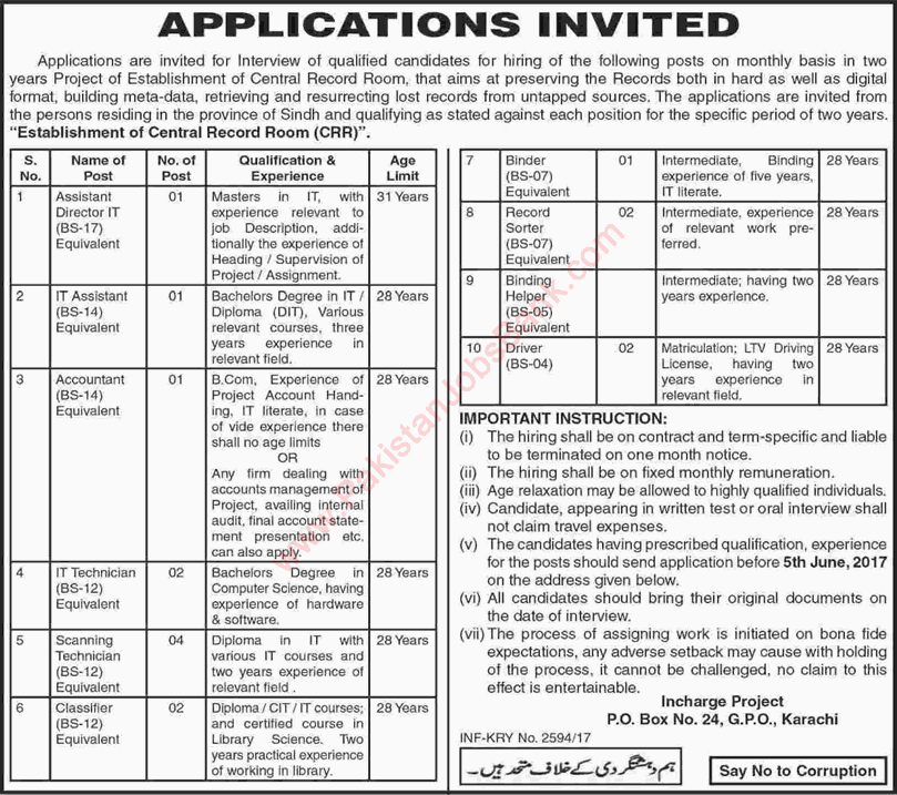 PO Box 24 GPO Karachi Jobs 2017 May IT / Scanning Technicians, Record Sorters & Others Latest