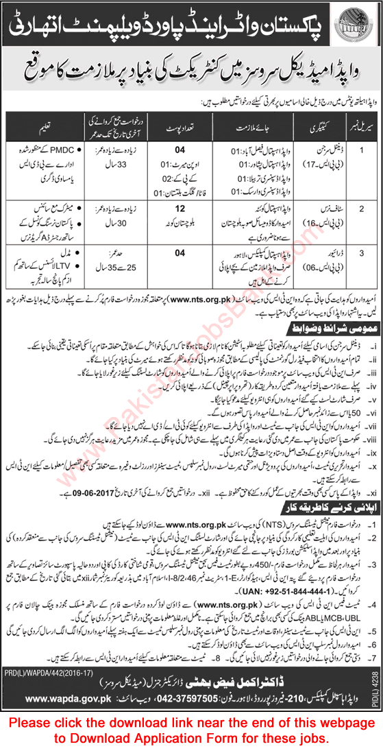 WAPDA Medical Services Pakistan Jobs 2017 May NTS Application Form Nurses, Dental Surgeons & Drivers Latest