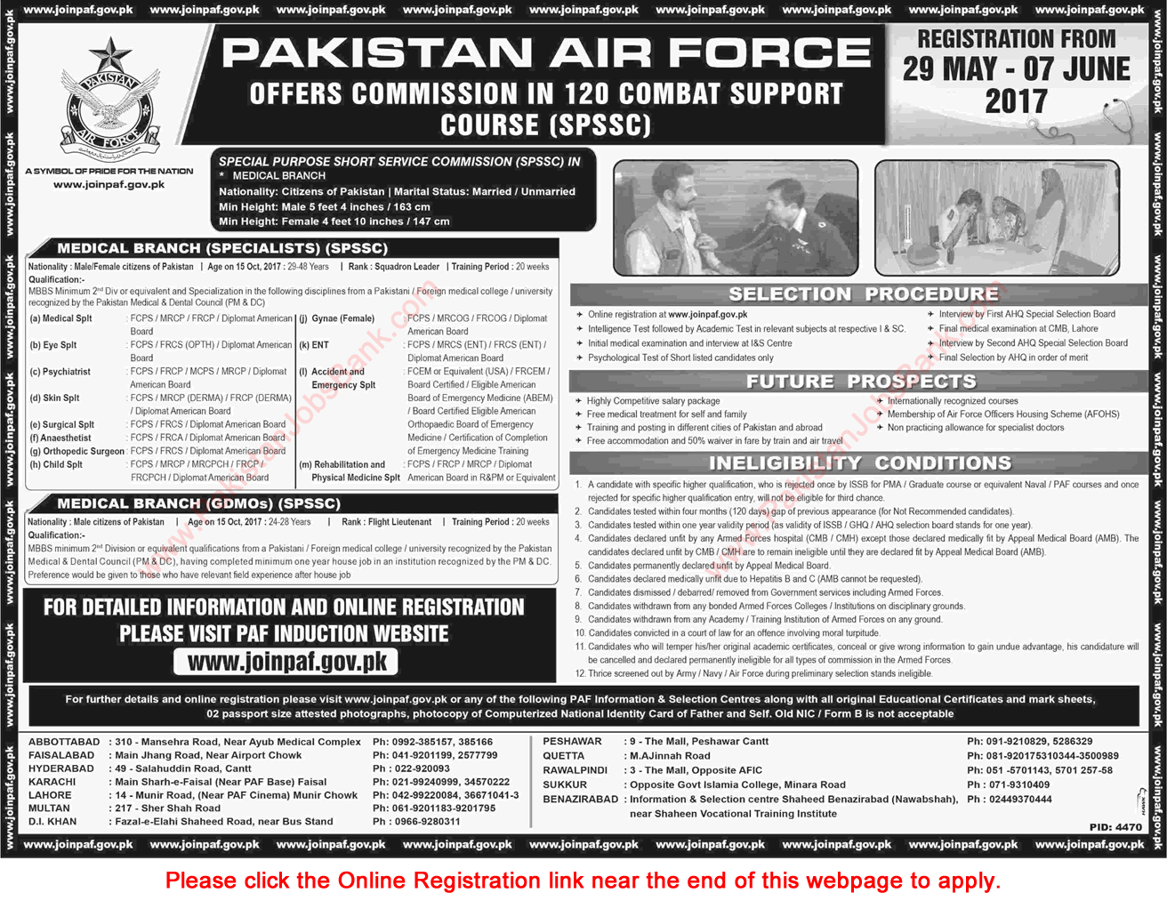 Join Pakistan Air Force May 2017 June Online Registration PAF SPSSC Commission in 120 Combat Support Course Latest