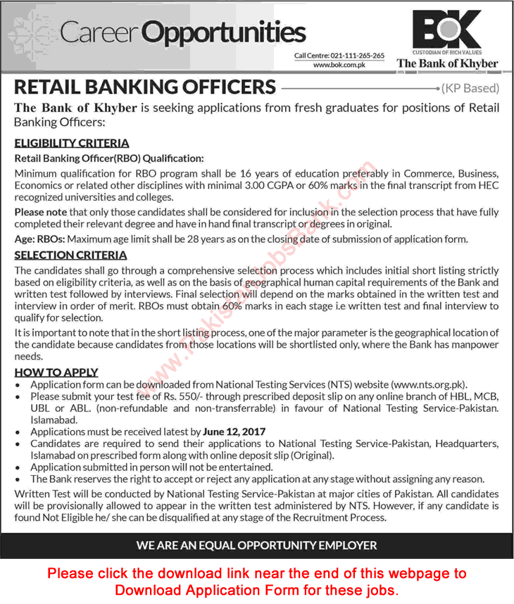 Retail Banking Officers Jobs in Bank of Khyber May 2017 June NTS Application Form Download Latest