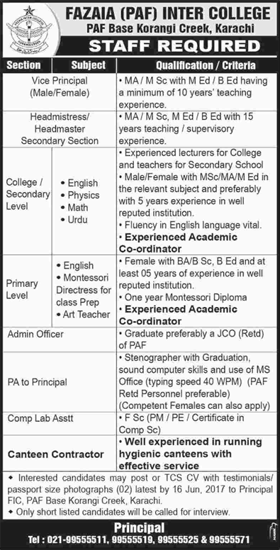 Fazaia Inter College Karachi Jobs May 2017 June Teaching Faculty, Admin Officer & Others PAF Latest