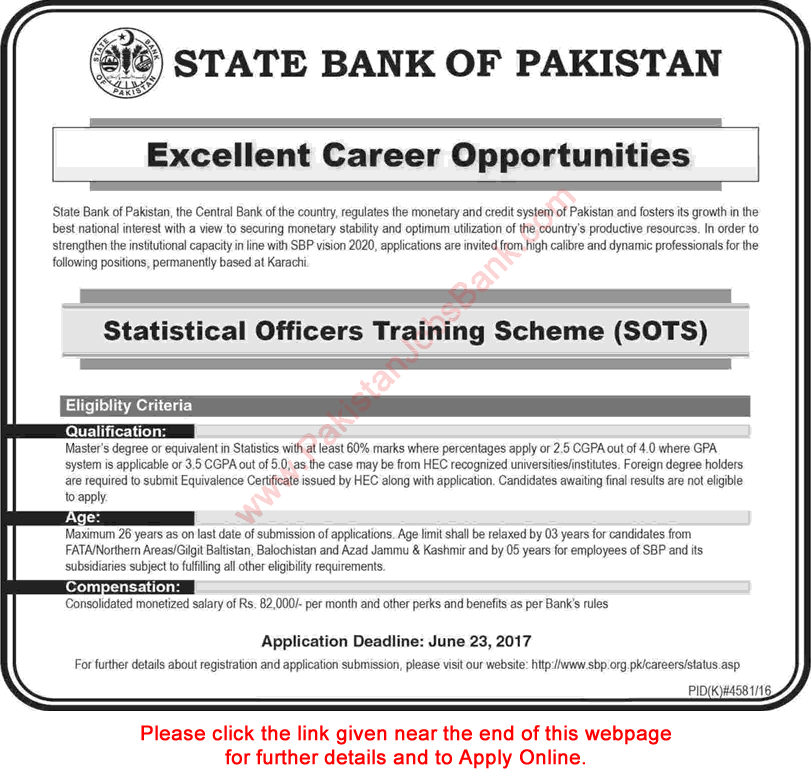 State Bank of Pakistan Jobs June 2017 Apply Online Statistical Officers Training Scheme SOTS Latest