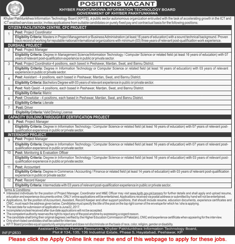 KPK IT Board Jobs June 2017 Apply Online Project Coordinators / Managers, Assistants, Naib Qasid & Others Latest