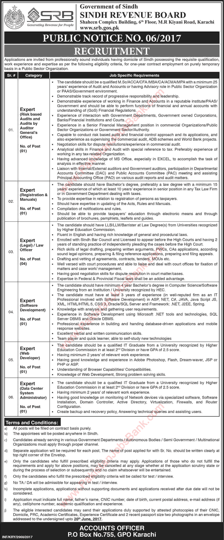 Sindh Revenue Board Jobs 2017 June Law / Legal Officers, Software / Web Developer & Others Latest