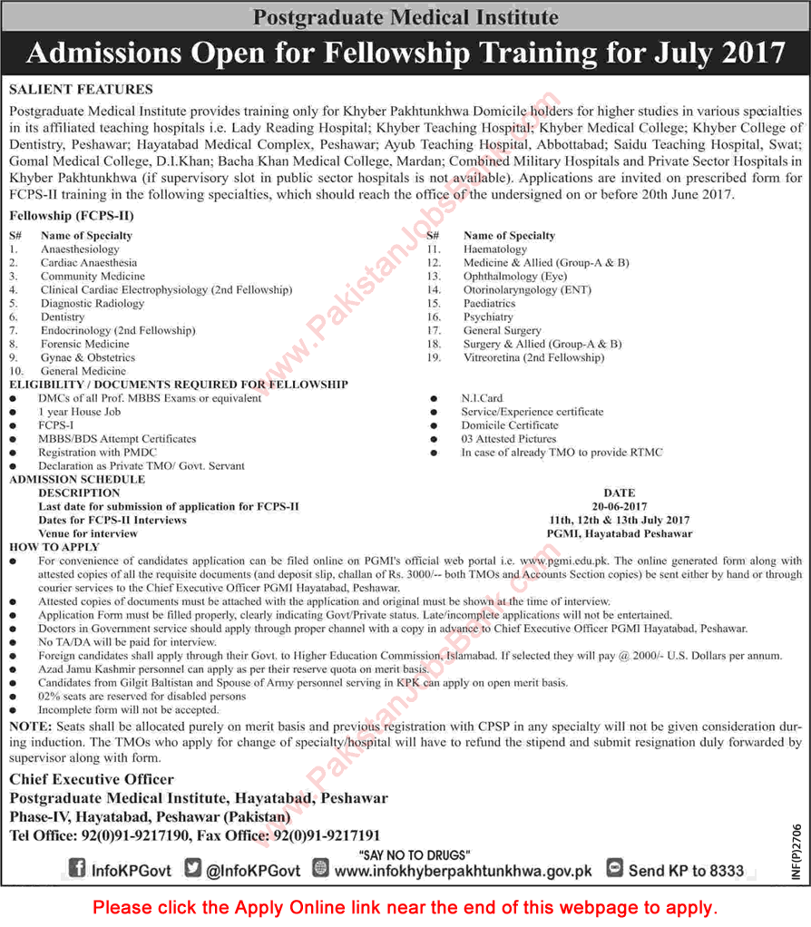 Postgraduate Medical Institute Peshawar Fellowship Training 2017 June FCPS-II Training Latest