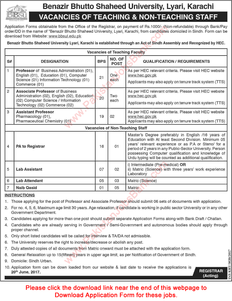 Benazir Bhutto Shaheed University Lyari Karachi Jobs 2017 June Application Form Teaching Faculty & Others Latest