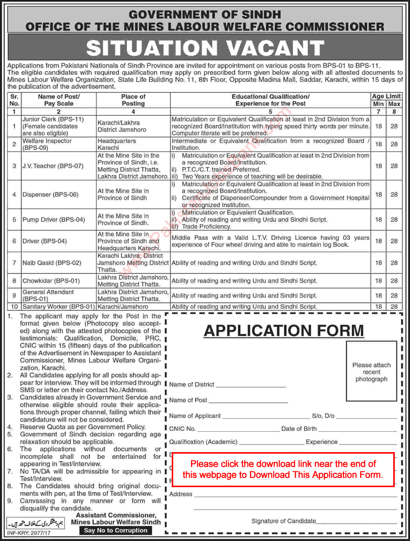 Mines Labour Welfare Organization Sindh Jobs 2017 June Application Form JV Teachers, Clerks & Others Latest