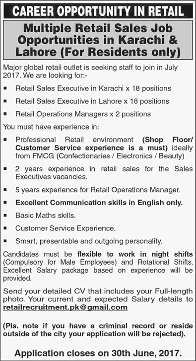 Sales Executive & Operations Manager Jobs in Karachi & Lahore June 2017 Retail Latest