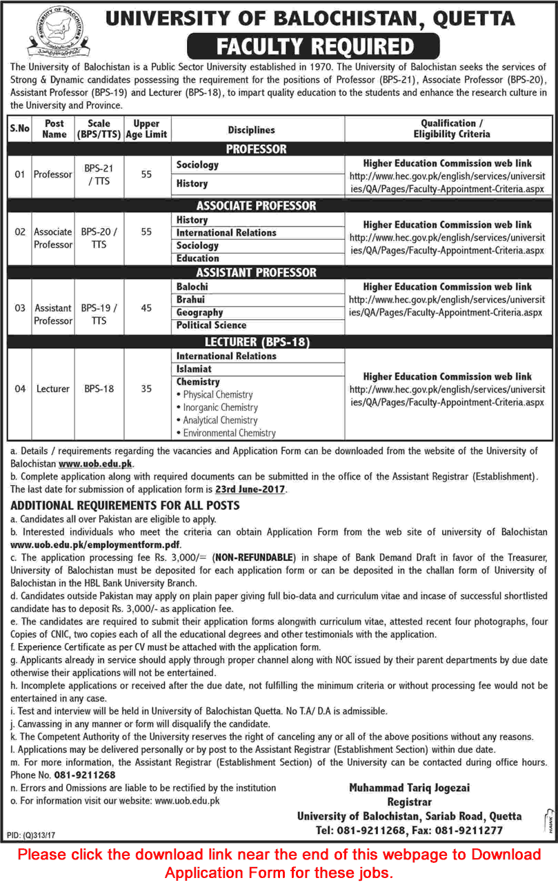 University of Balochistan Quetta Jobs June 2017 UOB Application Form Teaching Faculty Latest