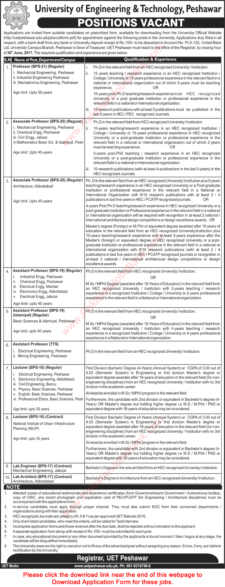 UET Peshawar Jobs June 2017 Application Form Teaching Faculty, Lab Engineer & Architect Latest