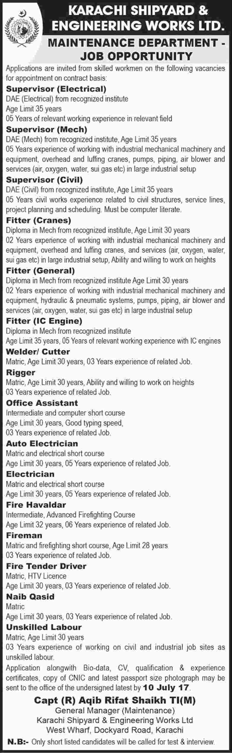 Karachi Shipyard and Engineering Works Jobs June 2017 Fitters, Supervisors & Others Latest