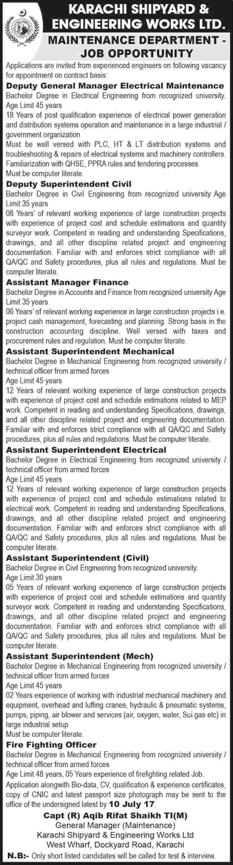 Karachi Shipyard and Engineering Works Jobs June 2017 Assistant Superintendents & Others KSEW Latest