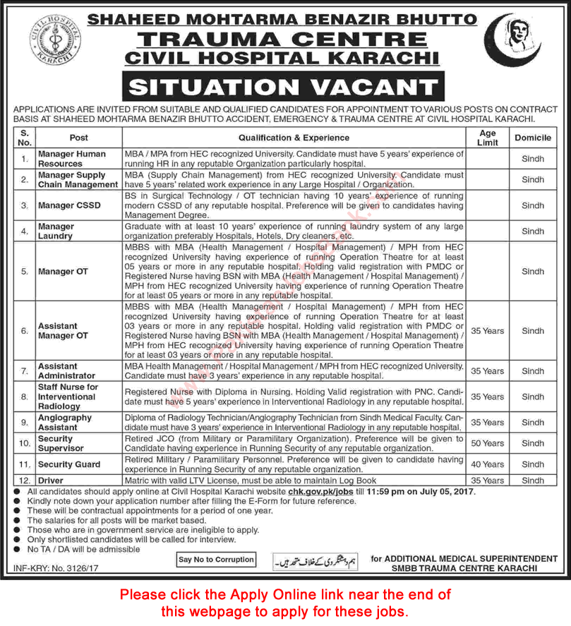 Civil Hospital Karachi Jobs June 2017 Apply Online SMBB Trauma Centre Latest