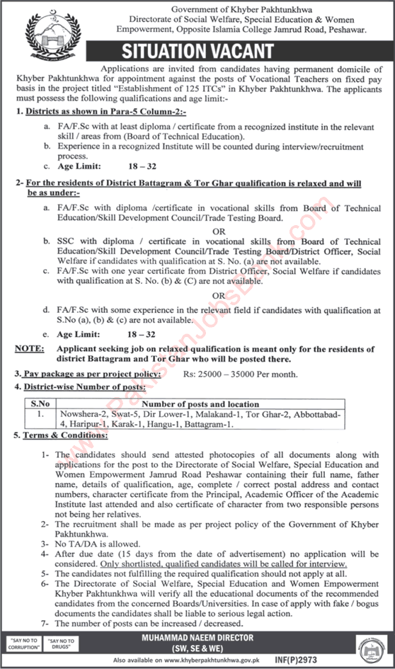 Vocational Teacher Jobs in Social Welfare Department KPK June 2017 Latest