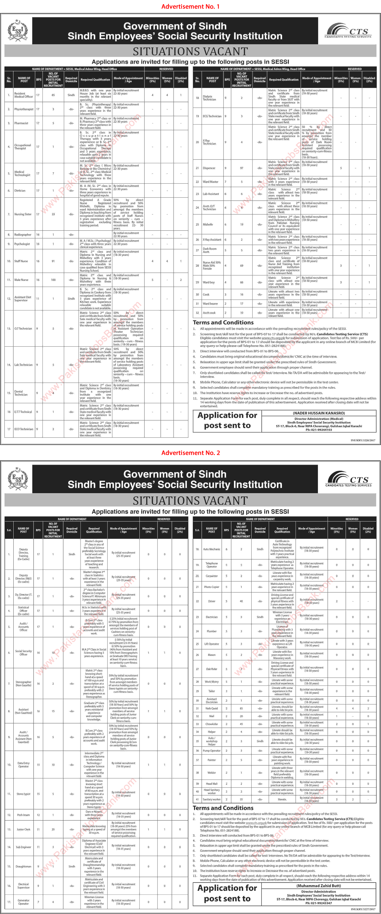 SESSI Jobs 2017 June Sindh Employees Social Security Institution CTS Latest Advertisement
