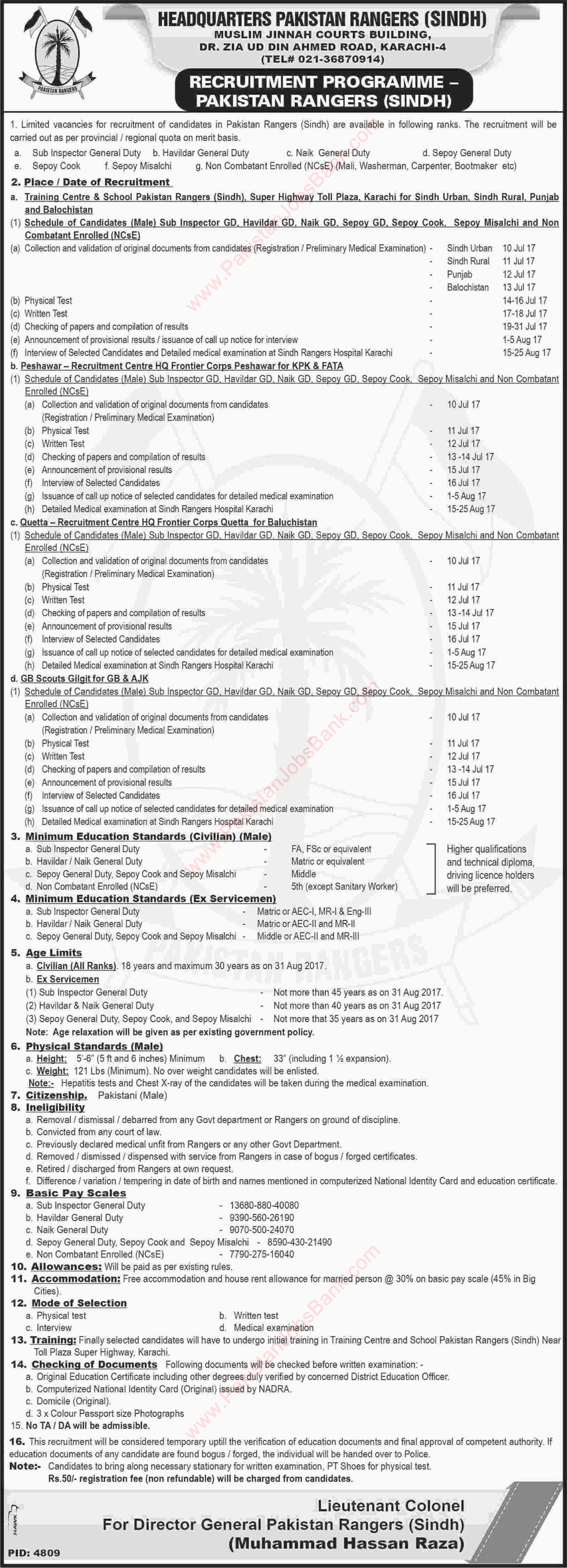 Pakistan Rangers Sindh Jobs 2017 June Sub Inspectors, Havildar, Naik, Sipahi & Others Latest