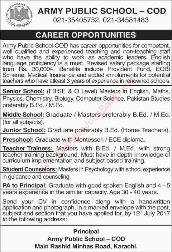 Army Public School COD Karachi Jobs June 2017 Teachers, Student Counselors & PA to Principal Latest
