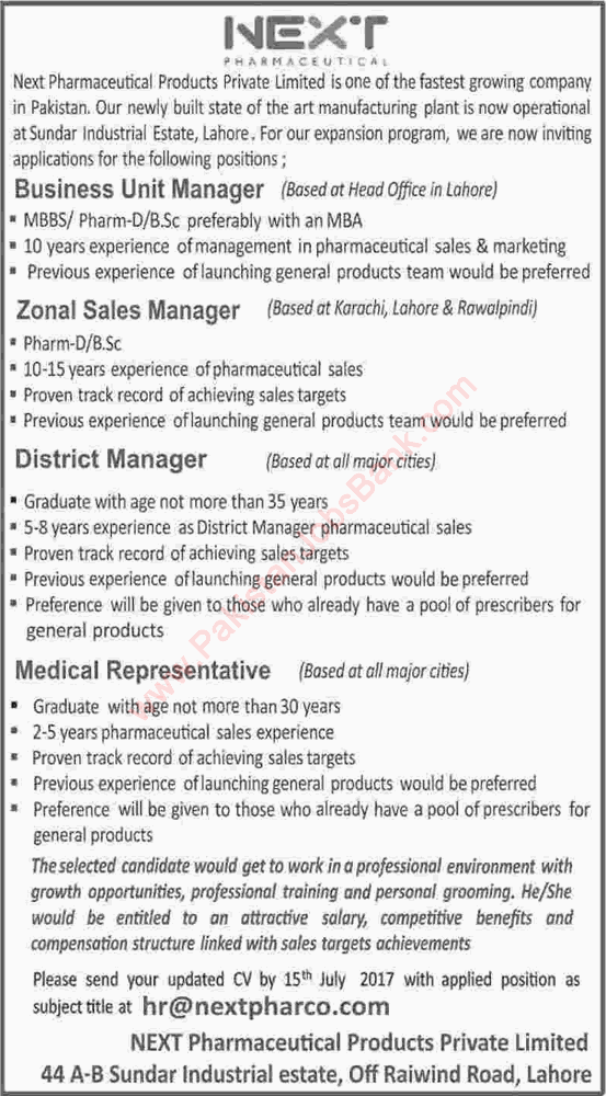 Next Pharmaceuticals Pakistan Jobs 2017 June Medical Representatives, District Managers & Others Latest