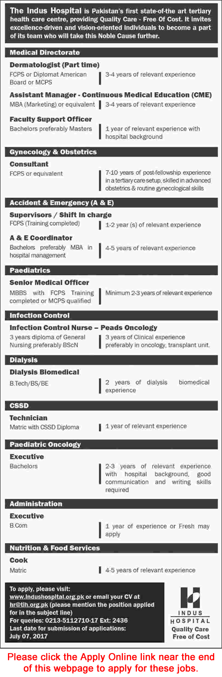 Indus Hospital Karachi Jobs June 2017 Apply Online Medical Officers, Technicians, Nurses & Others Latest