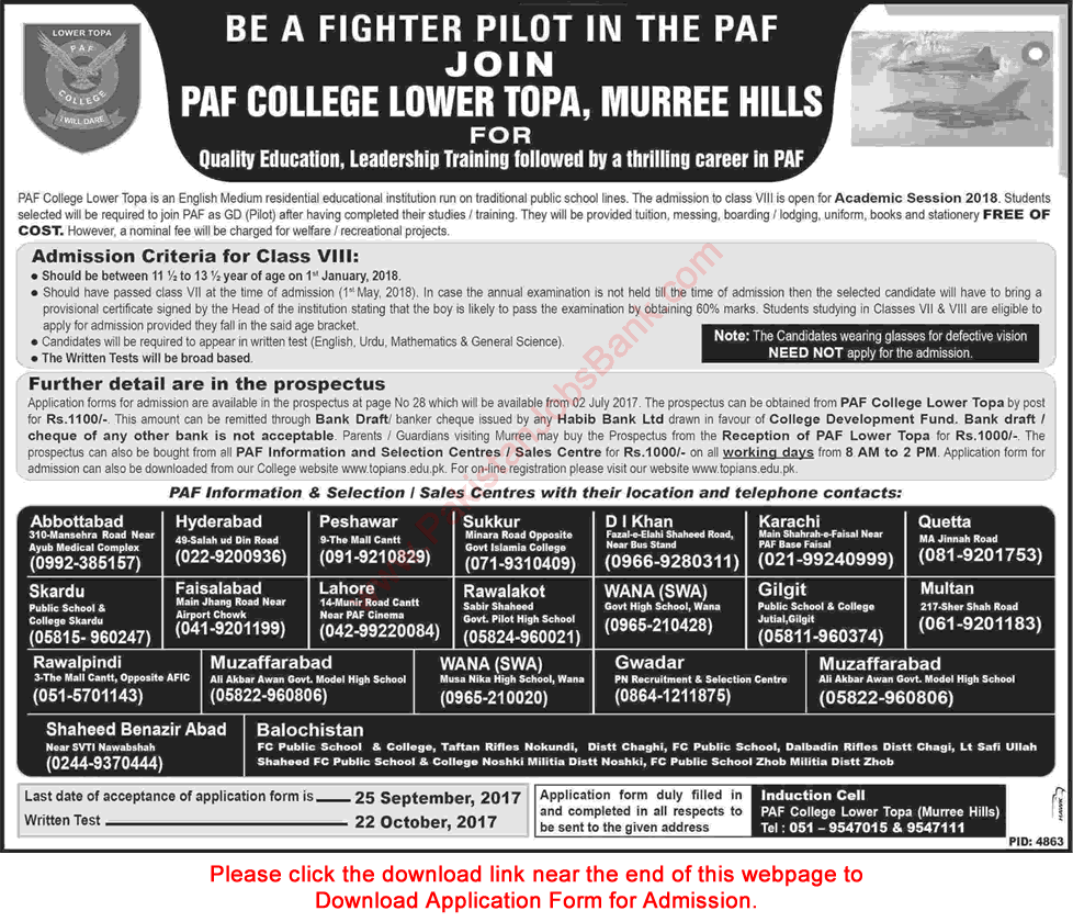 PAF College Lower Topa Murree Admission 8th Class 2017-2018 Join to be a GD Pilot in Pakistan Air Force Latest