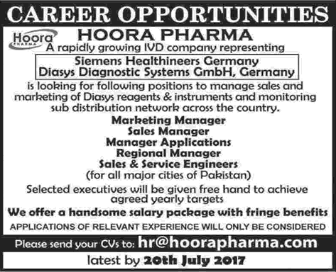 Hoora Pharma Pakistan Jobs 2017 July Marketing / Sales Manager & Others Latest