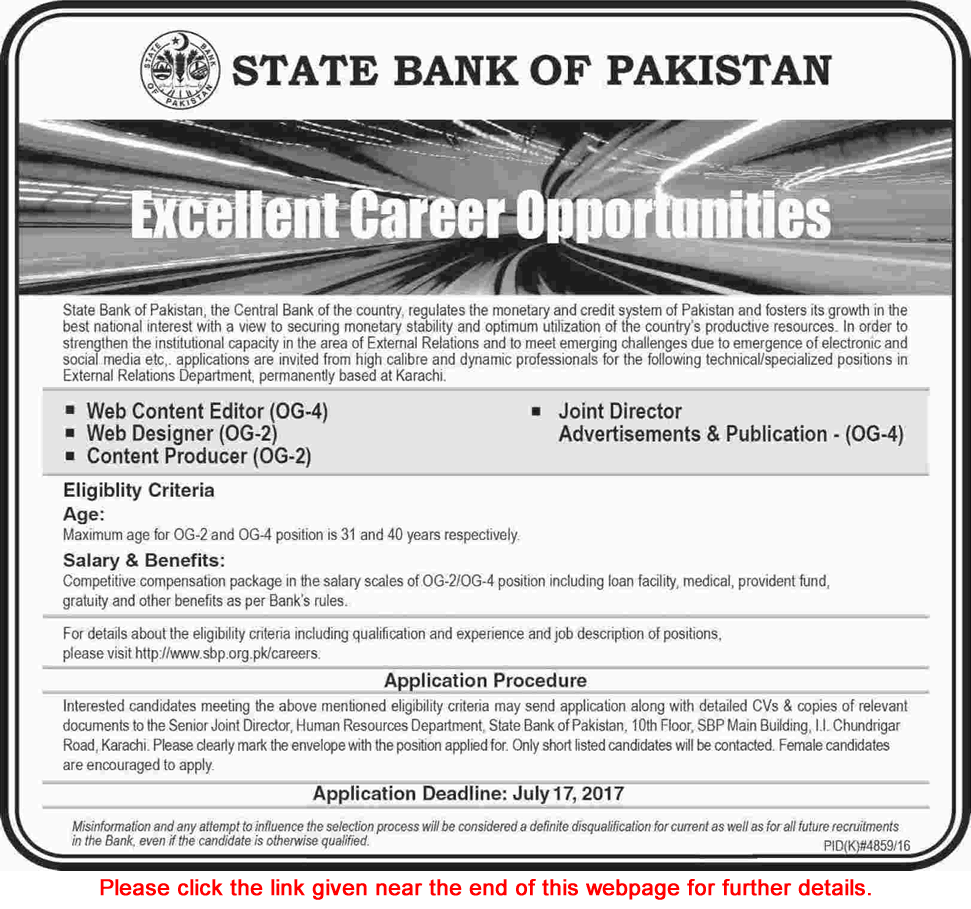 State Bank of Pakistan Karachi Jobs July 2017 Web Designer / Content Editor & Others SBP Latest