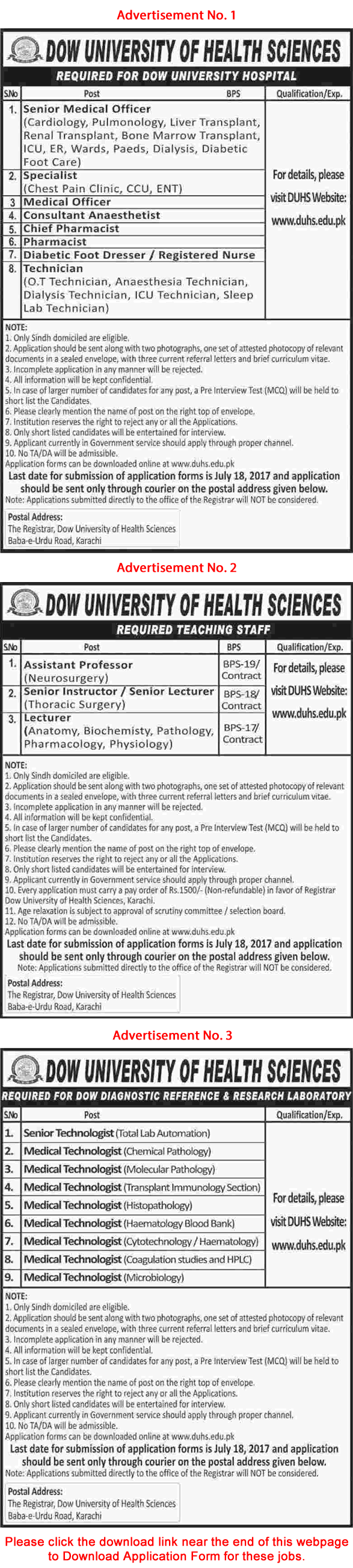 Dow University of Health Sciences Karachi Jobs July 2017 Application Form Download Latest
