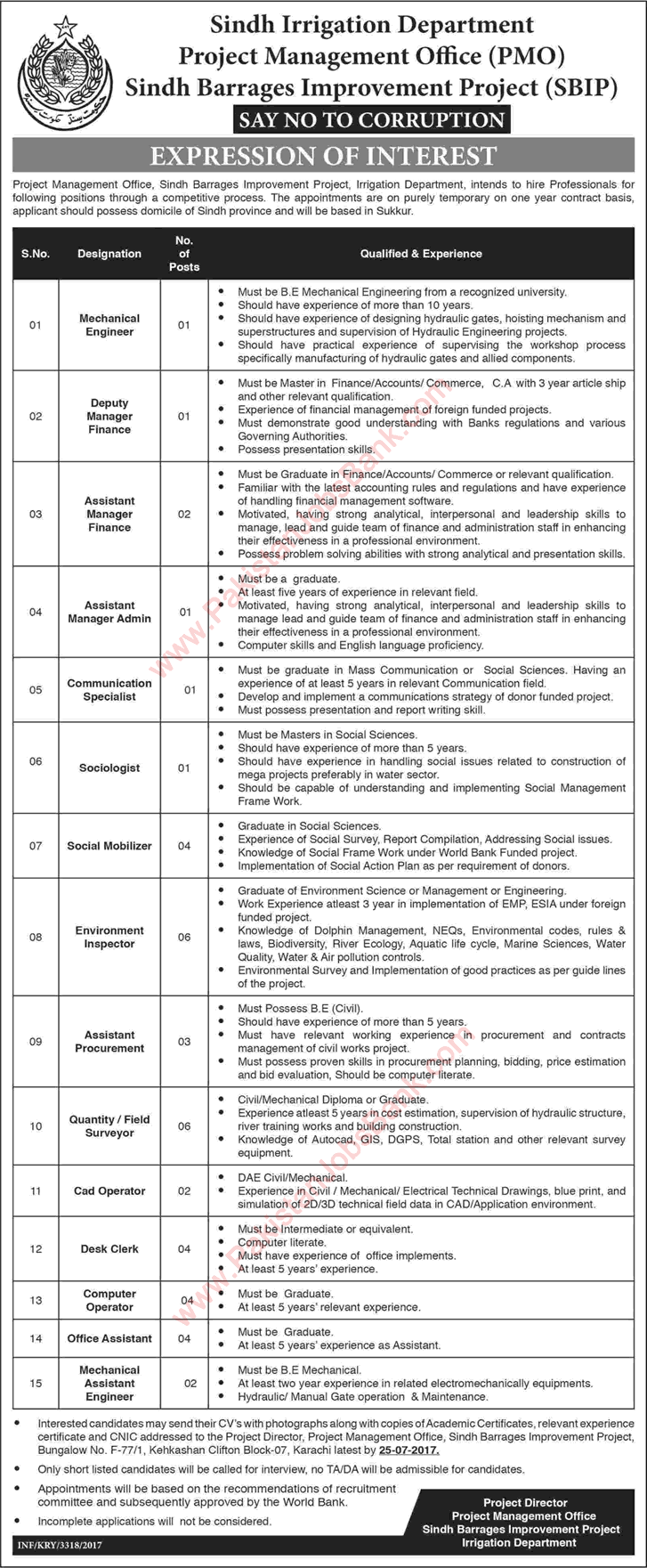 Irrigation Department Sindh Jobs July 2017 Sukkur Environment Inspectors, Quantity Surveyors & Others Latest