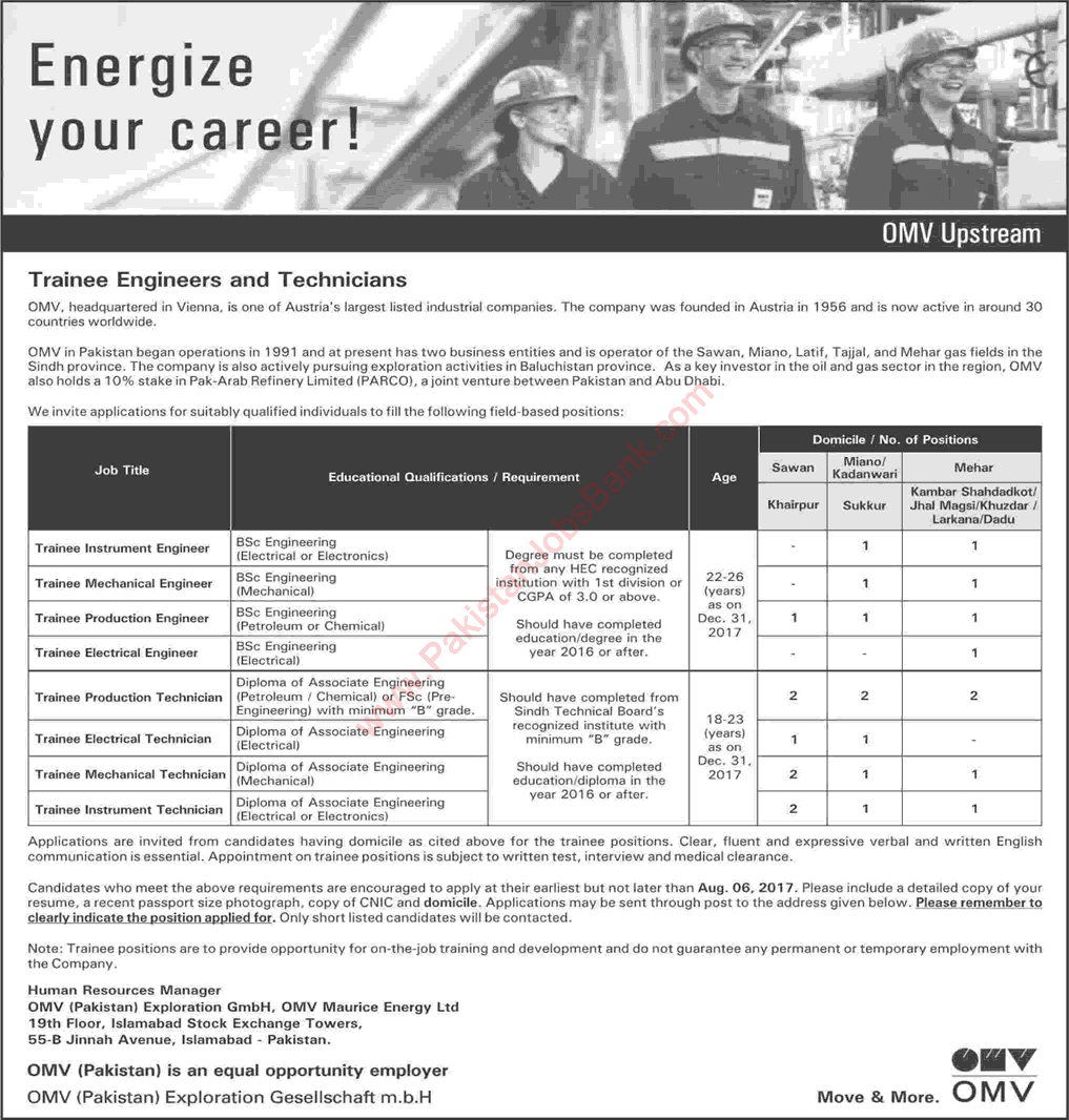 OMV Pakistan Jobs 2017 July Trainee Engineers & Technicians Latest