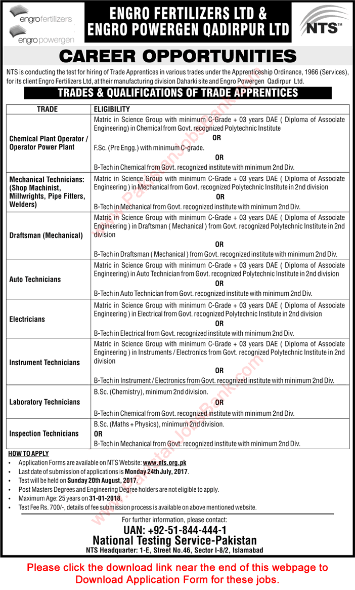 Engro Fertilizer Apprenticeship 2017 July NTS Application Form Trade Apprentices Jobs Latest