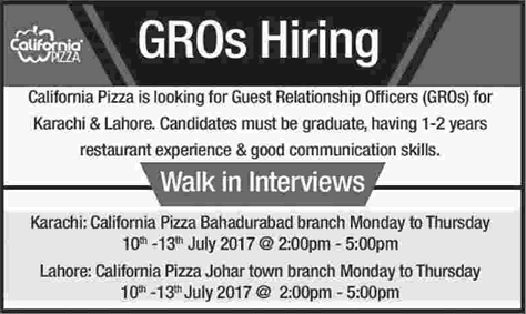 Guest Relation Officer Jobs in California Pizza Karachi & Lahore 2017 July Walk in Interview Latest