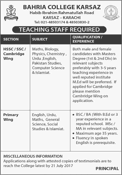 Bahria College Karsaz Karachi Jobs July 2017 Teaching Staff Latest