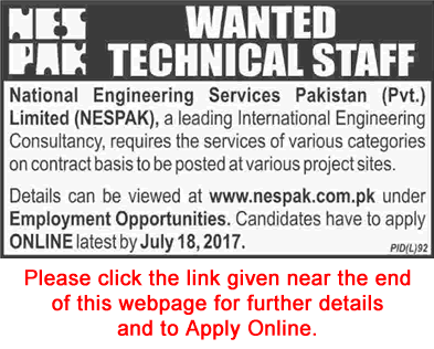 NESPAK Jobs July 2017 Apply Online National Engineering Services Pakistan Pvt Limited Latest