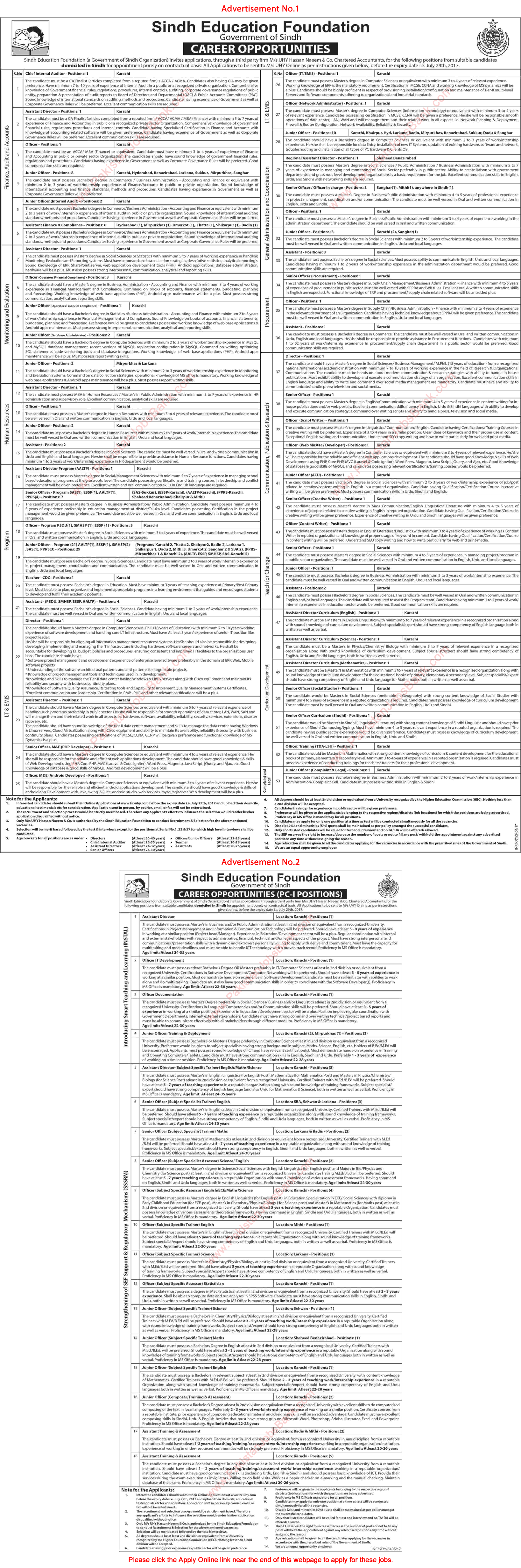 Sindh Education Foundation Jobs July 2017 Apply Online Officers, Assistants & Others SEF Latest / New