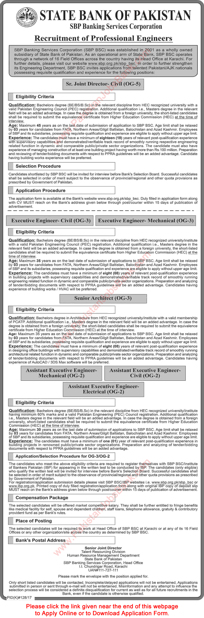 State Bank of Pakistan Jobs July 2017 Online Application Form for Engineers & Architect SBP Latest