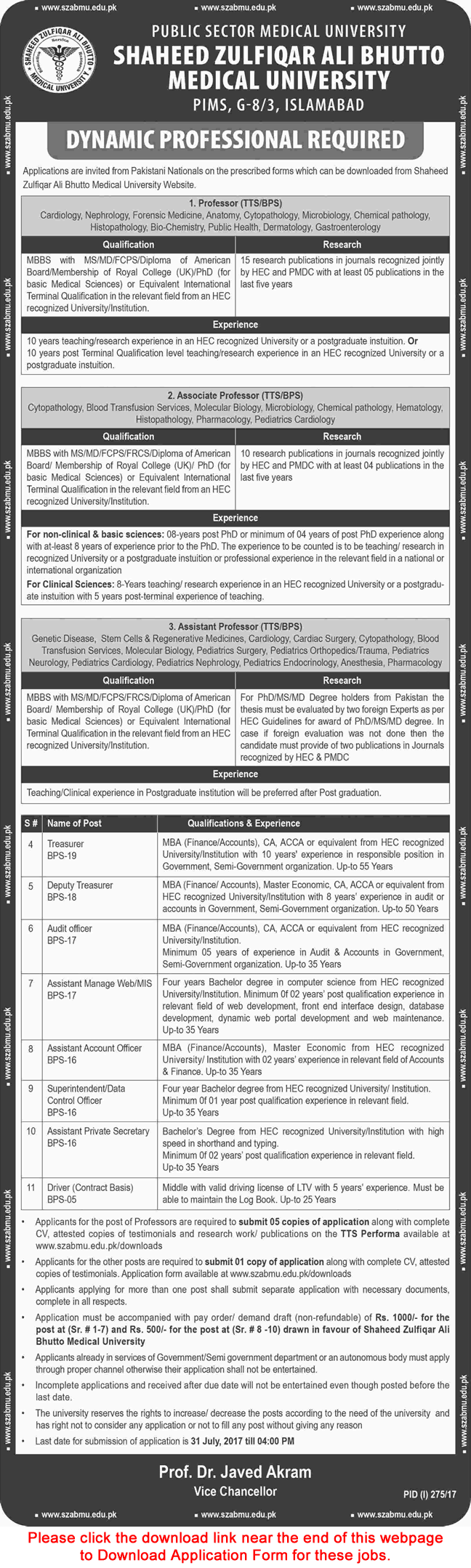 Shaheed Zulfiqar Ali Bhutto Medical University Islamabad Jobs 2017 July Application Form SZABMU Latest