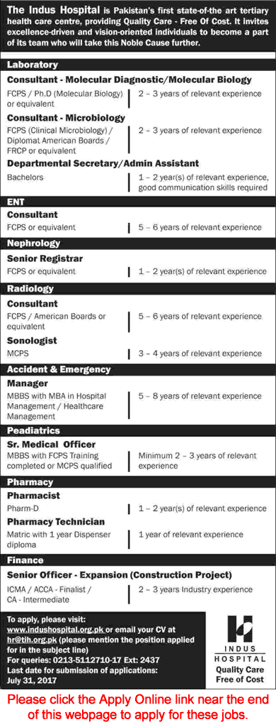 Indus Hospital Karachi Jobs July 2017 Apply Online Medical Officers, Consultants & Others Latest