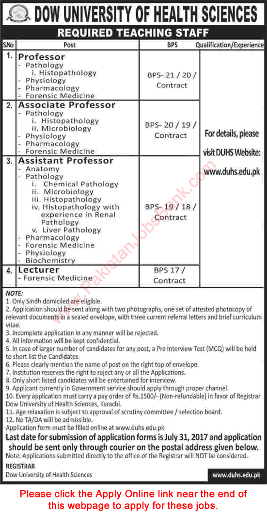 Dow University of Health Sciences Karachi Jobs July 2017 Apply Online Teaching Faculty Latest