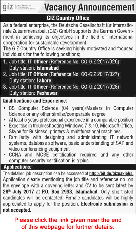 IT Officer Jobs in GIZ Pakistan July 2017 Latest