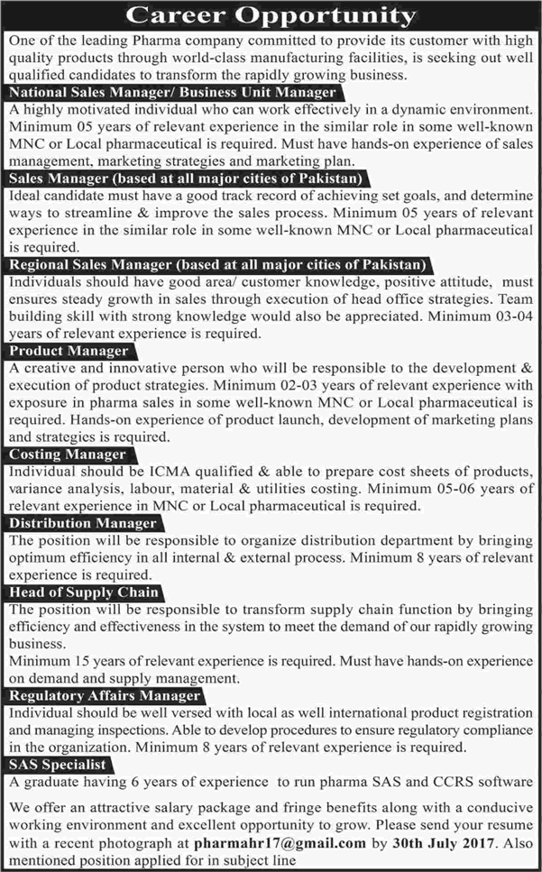Pharma Company Jobs in Pakistan July 2017 National/Regional Sales Managers & Others Latest