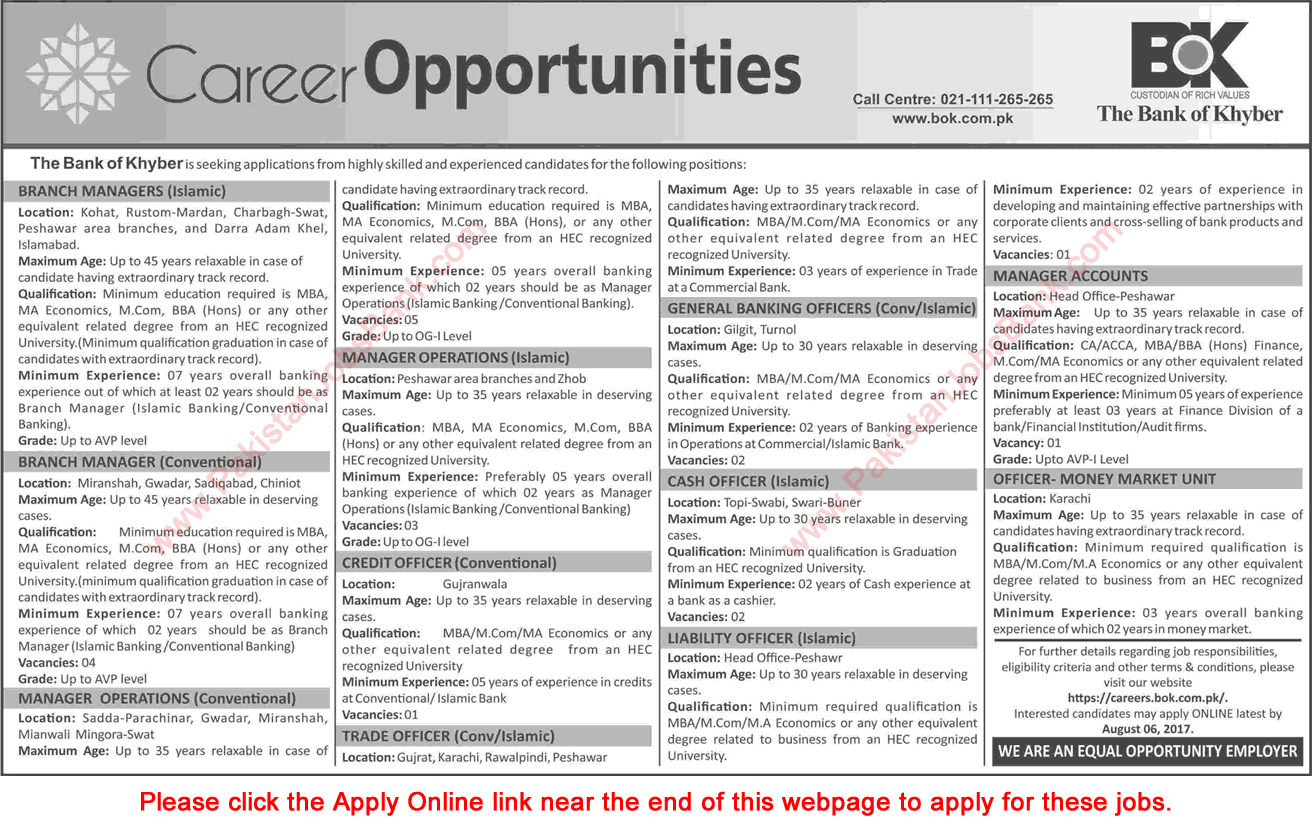 Bank of Khyber Jobs July 2017 Apply Online Branch Managers, Trade / Cash Officers & Others Latest