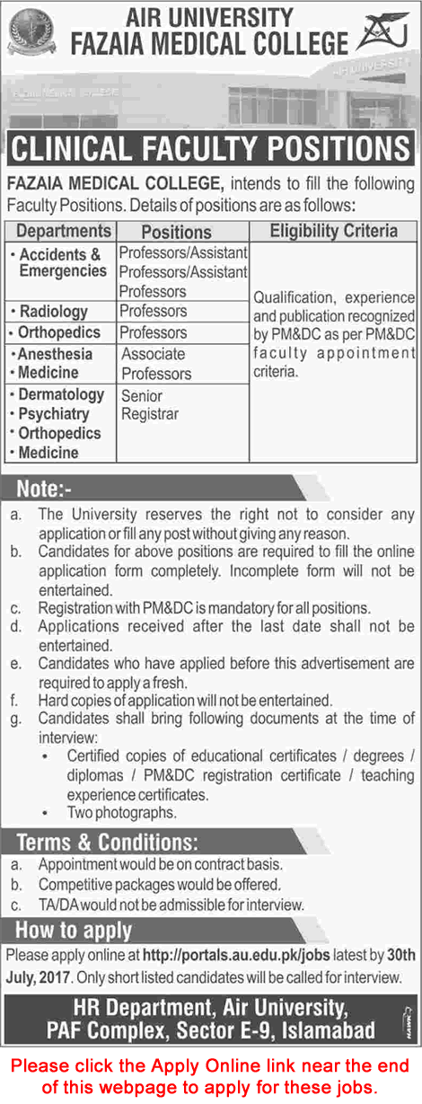 Air University Fazaia Medical College Islamabad Jobs July 2017 Apply Online Teaching Faculty Latest