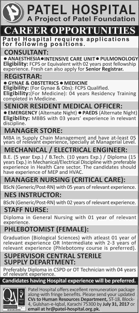 Patel Hospital Karachi Jobs July 2017 Medical Officer / Consultants, Nurses & Others Latest