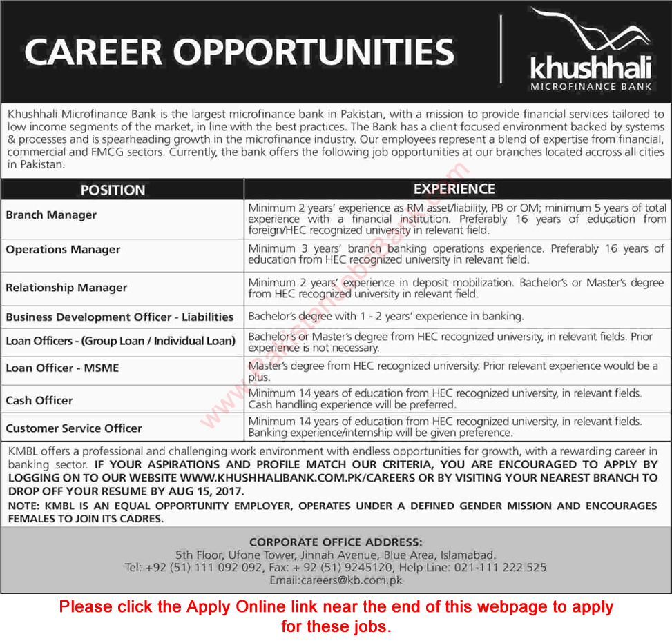 Khushhali Bank Jobs July 2017 August Apply Online Cash / Loan Officers, Customer Service Officers & Others Latest