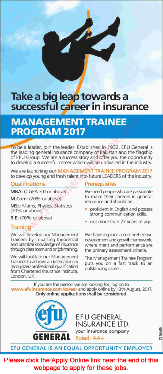 EFU Life Insurance Jobs July 2017 August Apply Online Management Trainee Program Latest