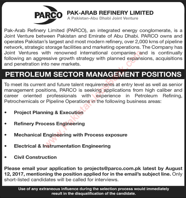 PARCO Jobs July 2017 August Pak-Arab Refinery Limited Latest
