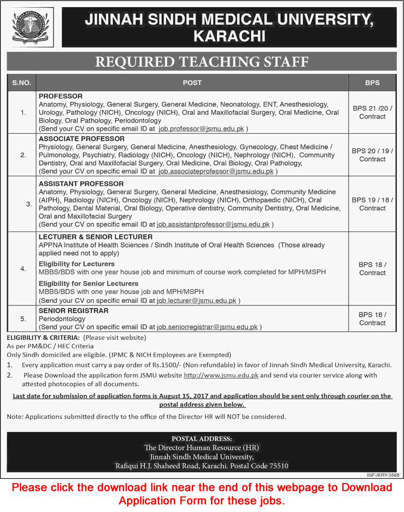 Jinnah Sindh Medical University Karachi Jobs July 2017 August Application Form Teaching Faculty Latest
