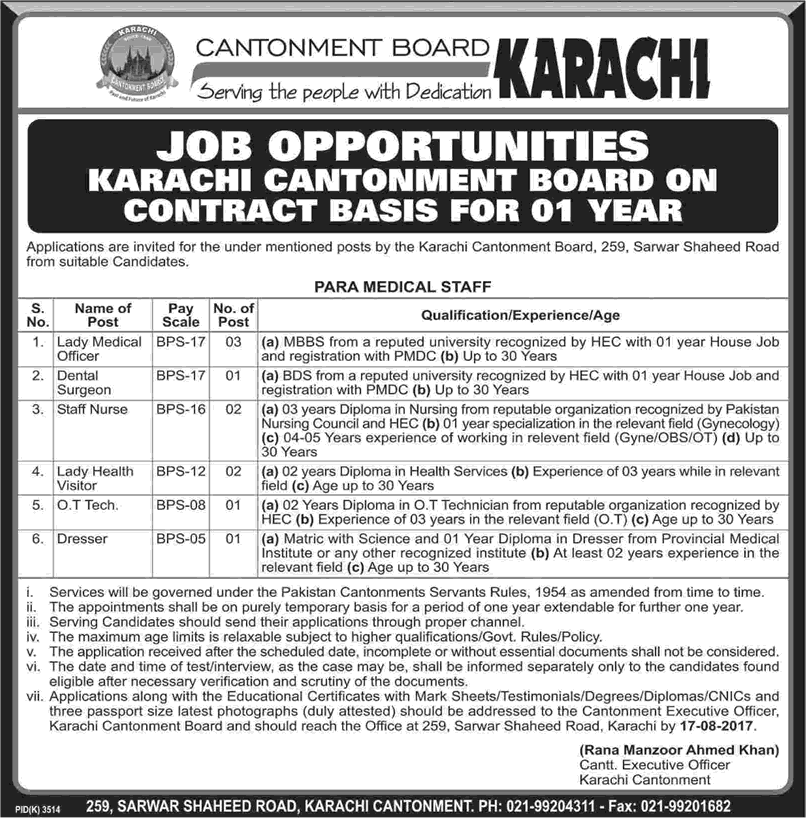 Cantonment Board Karachi Jobs July 2017 August Lady Medical Officers, Nurses, LHV & Others Latest