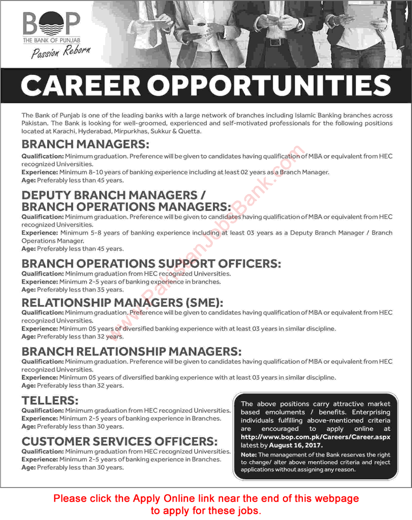 Bank of Punjab Jobs August 2017 Apply Online Tellers, Customer Services Officers & Others Latest